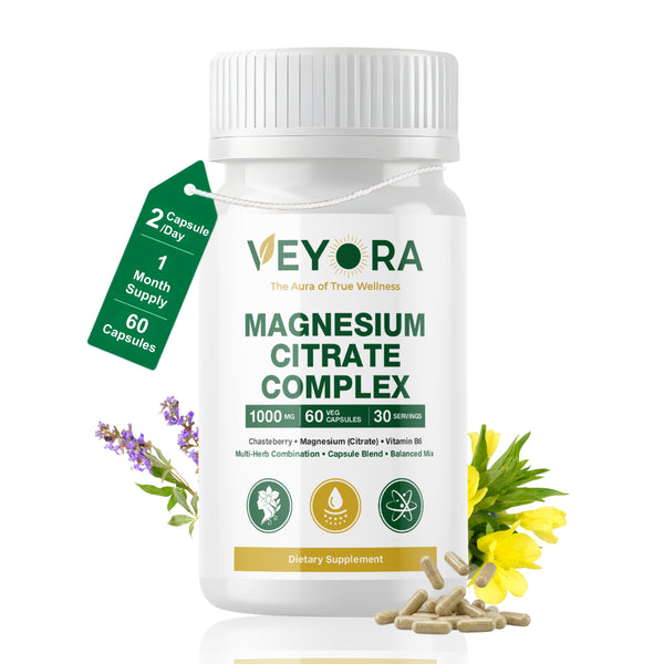 VEYORA Magnesium Citrate Complex 1000mg | Chasteberry + Vitamin B6 | 60 Vegan Capsules