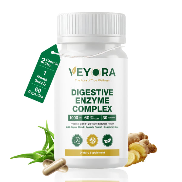 VEYORA Digestive Enzyme Complex 1000mg | Probiotic + Inulin Fiber | 60 Vegan Capsules