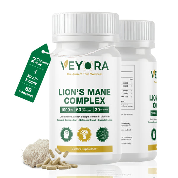 VEYORA Lion's Mane Complex 1000mg | Bacopa + Citicoline | 60 Vegan Capsules