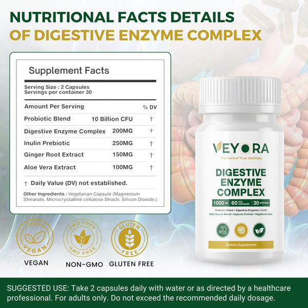 VEYORA Digestive Enzyme Complex 1000 mg | 60 Vegan Capsules | with Probiotic & Inulin Fiber | Multi-Source Clean Label Formula | Non-GMO | Gluten-Free