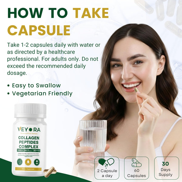VEYORA Collagen Peptides Complex 1000 mg | 60 Vegan Capsules | with Hyaluronic Acid & Biotin | Plant-Based Marine-Free Formula Beauty Wellness
