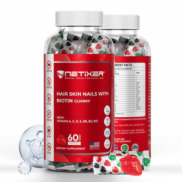 nETiXER Biotin Gummies 5000 mcg | Multivitamin Gummies | Vitamins A C D E B6 B12 with Zinc | Strawberry Flavor | Vegan | Individually Wrapped | 60 Count