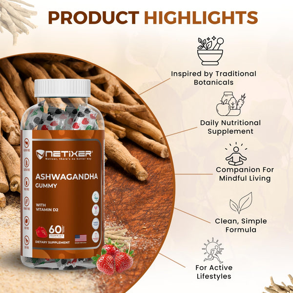 nETiXER Ashwagandha Gummies – Vegan, Strawberry Flavor – with KSM-66 300mg & Vitamin D2 50mcg – Gluten-Free, Gelatin-Free, Non-GMO – 60 Gummies – Adaptogen Supplement for Adults