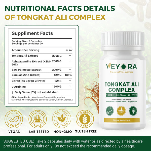 VEYORA Tongkat Ali Complex 1000mg | Tongkat Ali + Ashwagandha + Zinc | 60 Vegan Capsules