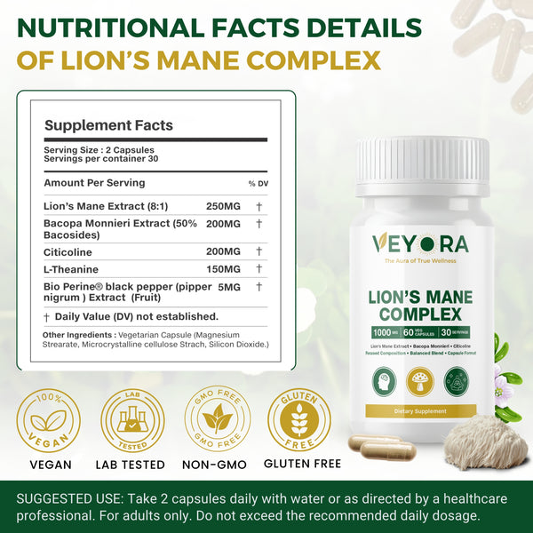 VEYORA Lion's Mane Complex 1000mg | Bacopa + Citicoline | 60 Vegan Capsules
