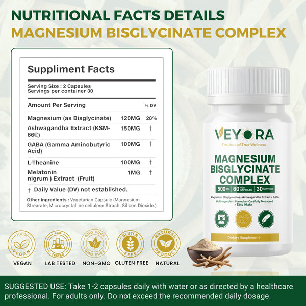 VEYORA Magnesium Bisglycinate Complex | KSM-66® Ashwagandha + GABA + L-Theanine + Melatonin | 60 Veg Capsules