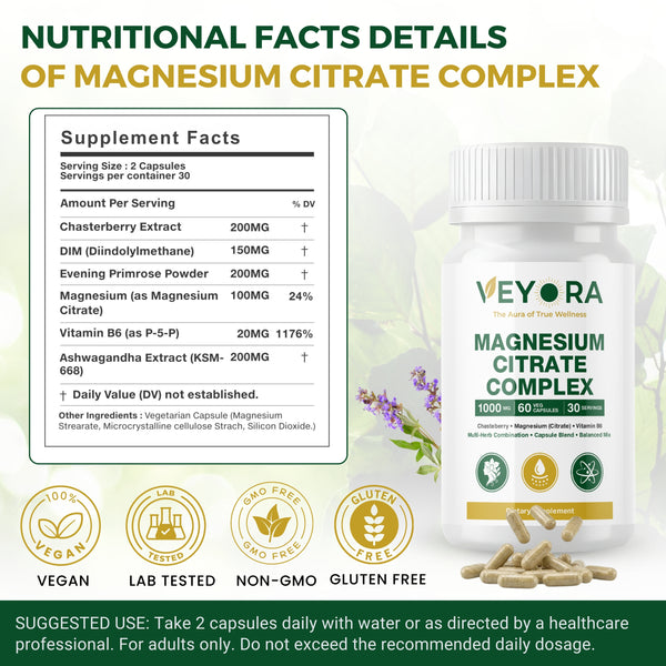 VEYORA Magnesium Citrate Complex 1000mg | Chasteberry + Vitamin B6 | 60 Vegan Capsules