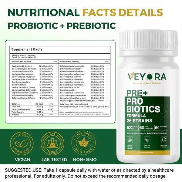 VEYORA 26-Strain Pre + Probiotic | 52 Billion CFU | FOSSENCE® | 60 Vegan Capsules
