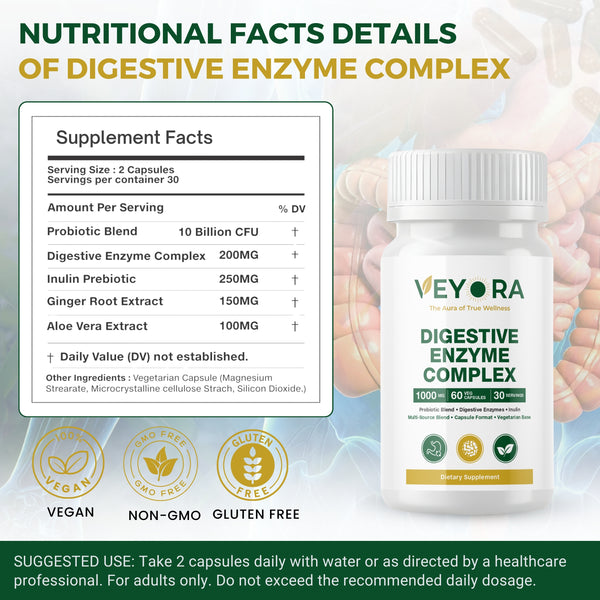 VEYORA Digestive Enzyme Complex 1000mg | Probiotic + Inulin Fiber | 60 Vegan Capsules
