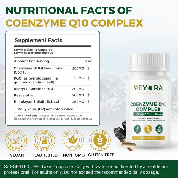 VEYORA CoQ10 Complex 1000mg | CoQ10 + PQQ + Acetyl-L-Carnitine | 60 Vegan Capsules