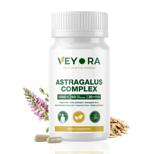 VEYORA Astragalus Complex 1000 mg | Astragalus Root, Elderberry & Beta-Glucans | with Vitamin D3, K2, Zinc & Selenium | 60 Vegan Capsules | Made for USA