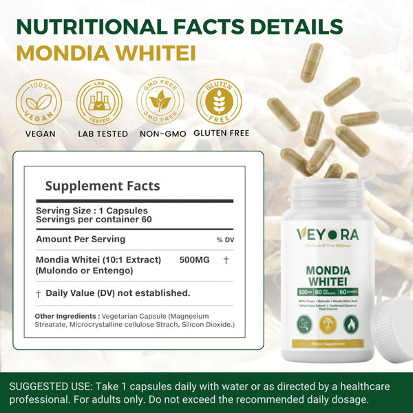 VEYORA Mondia Whitei 500 mg | 60 Vegan Capsules | Pure White Ginger Root Extract | Herbal Plant-Based Clean Label