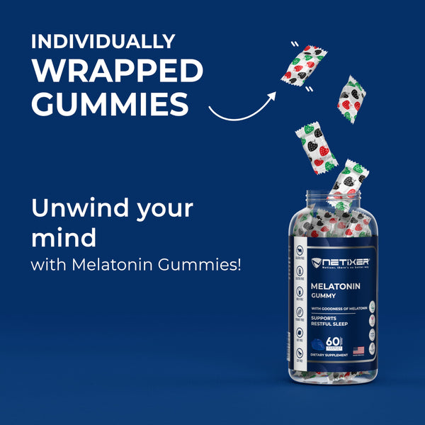 nETiXER Melatonin Gummies – 60 Count – 10 mg Melatonin per Gummy – Blackcurrant Flavor – Vegan, Gelatin-Free, Gluten-Free – Individually Wrapped – No Artificial Colors