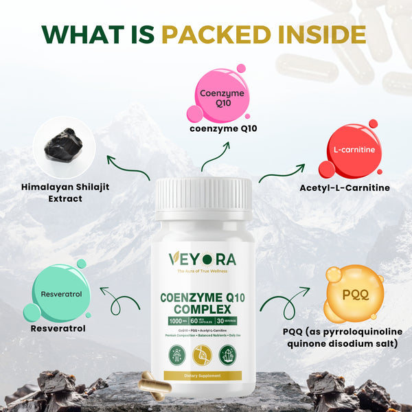 VEYORA CoQ10 Complex 1000mg | CoQ10 + PQQ + Acetyl-L-Carnitine | 60 Vegan Capsules