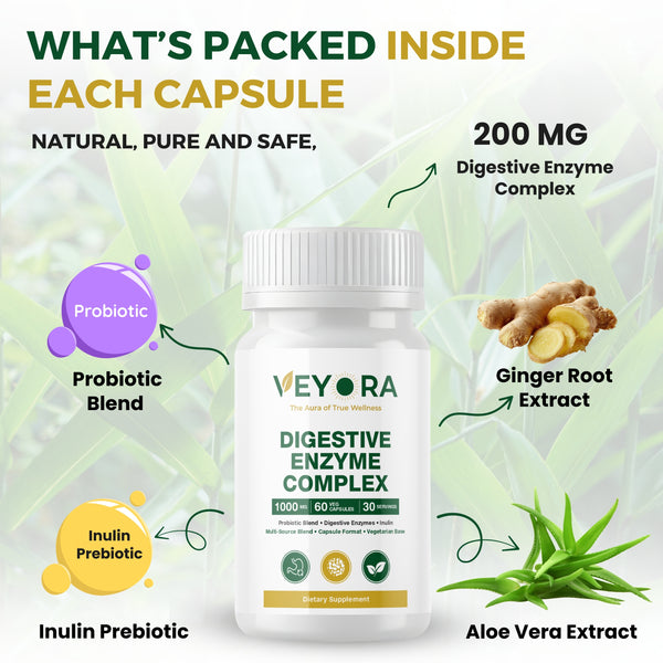 VEYORA Digestive Enzyme Complex 1000mg | Probiotic + Inulin Fiber | 60 Vegan Capsules
