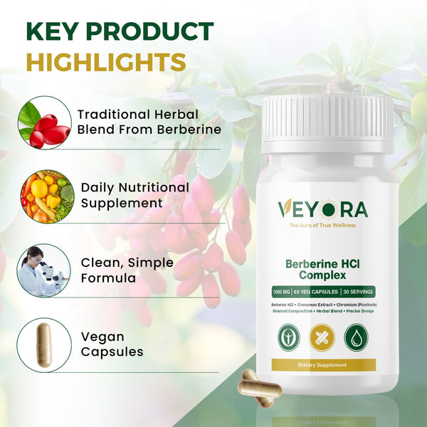 VEYORA Berberine HCl Complex 1000mg | Berberine + Cinnamon + Chromium | 60 Vegan Capsules