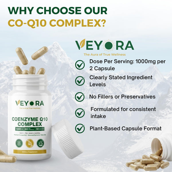 VEYORA Coenzyme Q10 Complex 60 Veg Capsules Premium CoQ10 + PQQ + ALC + Resveratrol & Shilajit Balanced Nutrient Blend for Daily Use