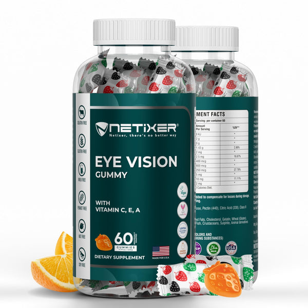 nETiXER Eye Vision Gummies – 60 Berry-Flavored Vegan Gummies with Lutein, Zeaxanthin, Astaxanthin, DHA, Vitamins A, C, E – Gelatin-Free, Gluten-Free | Individually Wrapped