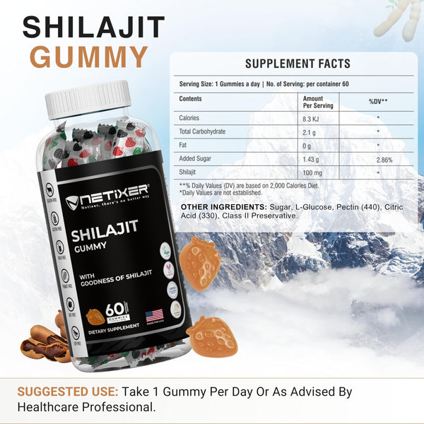 nETiXER Shilajit Gummies 100mg per Serving | 60 Vegan Gummies | Natural Resin Extract with Fulvic Acid | Gelatin-Free, Gluten-Free, Non-GMO | Individually Wrapped | Dietary Supplement for Everyday