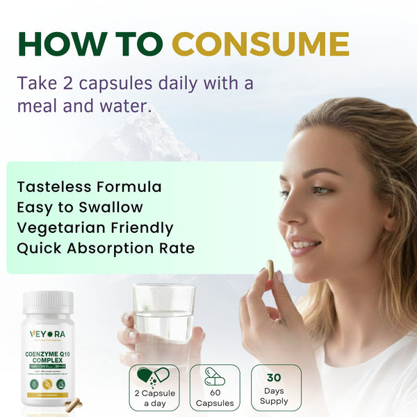 VEYORA CoQ10 Complex 1000mg | CoQ10 + PQQ + Acetyl-L-Carnitine | 60 Vegan Capsules