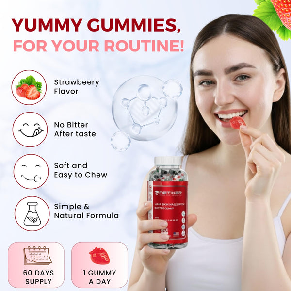 nETiXER Biotin Gummies 5000 mcg | Multivitamin Gummies | Vitamins A C D E B6 B12 with Zinc | Strawberry Flavor | Vegan | Individually Wrapped | 60 Count