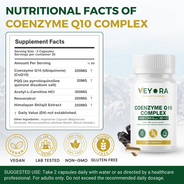 VEYORA Coenzyme Q10 Complex 60 Veg Capsules Premium CoQ10 + PQQ + ALC + Resveratrol & Shilajit Balanced Nutrient Blend for Daily Use