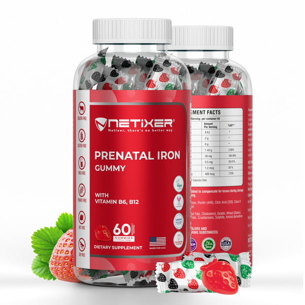 NETIXER Prenatal Iron Gummies – 60 Vegan Gummies | Iron 30 mg, Folic Acid 400 mcg, Vitamin B6 & B12 | Pregnancy Vitamins for Women | Gelatin-Free, Gluten-Free | Individually Wrapped, Strawberry Flavor