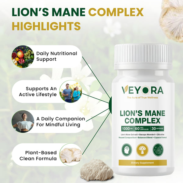 VEYORA Lion's Mane Complex 1000mg | Bacopa + Citicoline | 60 Vegan Capsules