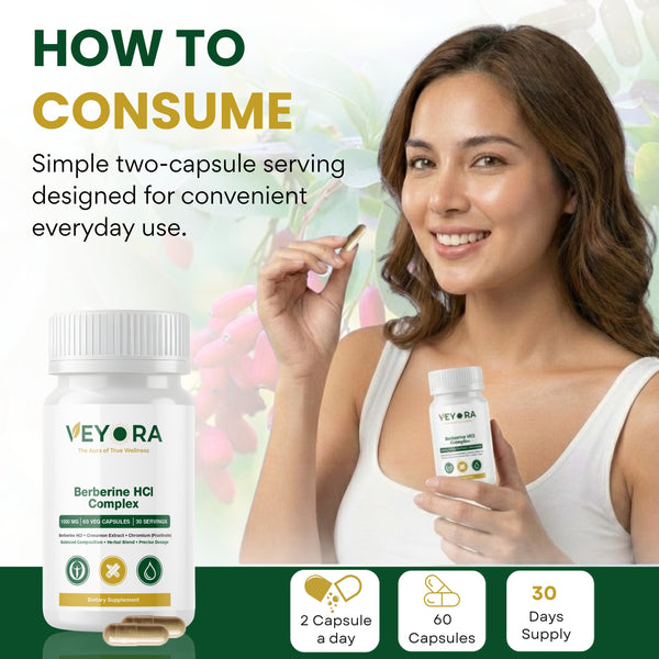 VEYORA Berberine HCl Complex 1000mg | Berberine + Cinnamon + Chromium | 60 Vegan Capsules