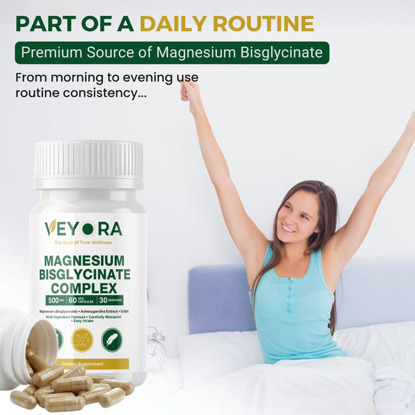 VEYORA Magnesium Bisglycinate Complex | KSM-66® Ashwagandha + GABA + L-Theanine + Melatonin | 60 Veg Capsules