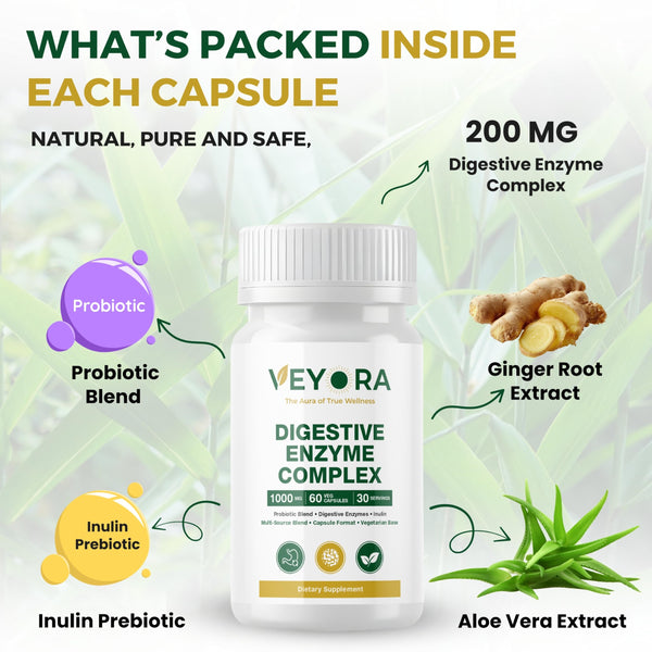 VEYORA Digestive Enzyme Complex 1000 mg | 60 Vegan Capsules | with Probiotic & Inulin Fiber | Multi-Source Clean Label Formula | Non-GMO | Gluten-Free