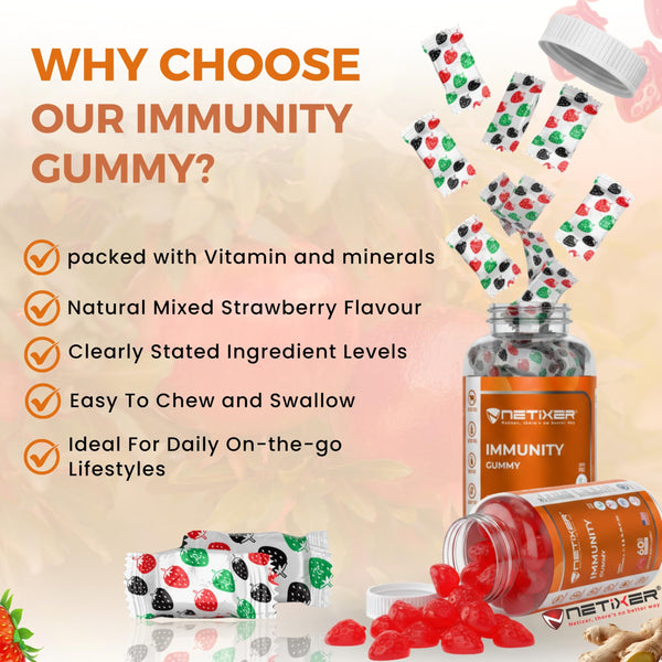 nETiXER Immunity Gummies – 60 Vegan Berry Gummies with Vitamins A, C, D, E, B12, Biotin, Zinc, Iodine – Gelatin-Free, Gluten-Free, Non-GMO – No Artificial Colors or Flavors | Individually Wrapped