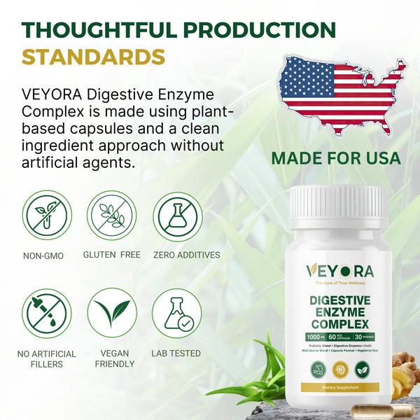 VEYORA Digestive Enzyme Complex 1000mg | Probiotic + Inulin Fiber | 60 Vegan Capsules
