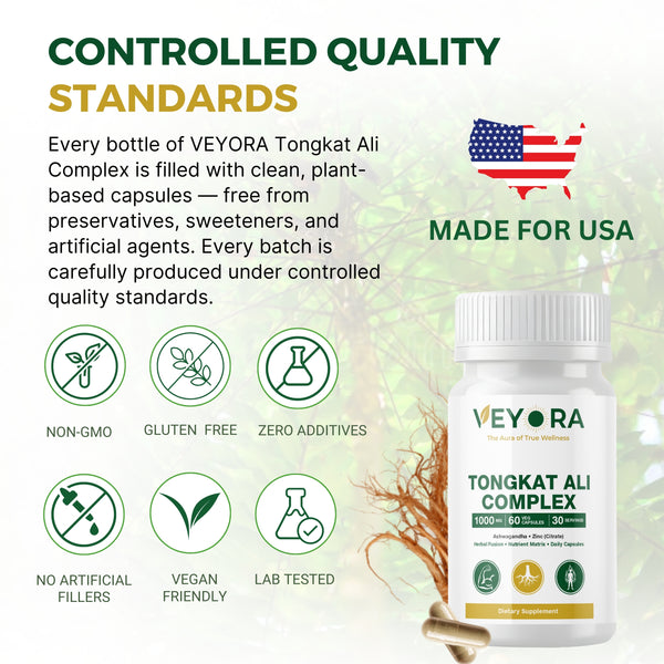 VEYORA Tongkat Ali Complex 1000mg | Tongkat Ali + Ashwagandha + Zinc | 60 Vegan Capsules