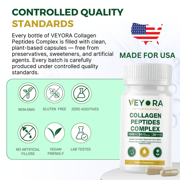 VEYORA Collagen Peptides Complex 1000mg | Vegan Collagen + Hyaluronic Acid + Biotin | 60 Vegan Capsules