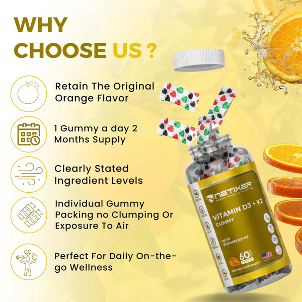 nETiXER Vitamin D3 K2 Gummies for Adults – 60 Vegan Orange Gummies | 400 IU (10 mcg) D3 + 55 mcg Vitamin K2 MK-7 | Individually Wrapped, Gelatin-Free, Gluten-Free, Non-GMO | Halal Certified