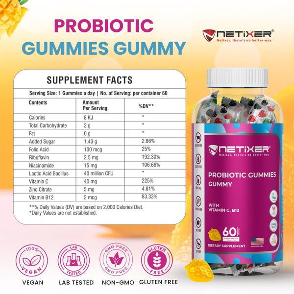 nETiXER Probiotic Gummies with Vitamin C, Vitamin B12, Folic Acid, Zinc, Niacinamide, Riboflavin & Probiotics (40 Million CFU) | 60 Vegan Gummies | Mango Flavor | Gluten-Free | Individually Wrapped