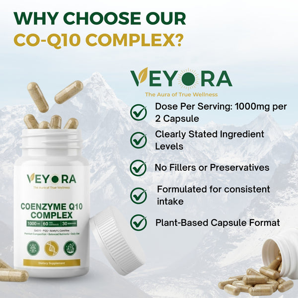 VEYORA CoQ10 Complex 1000mg | CoQ10 + PQQ + Acetyl-L-Carnitine | 60 Vegan Capsules