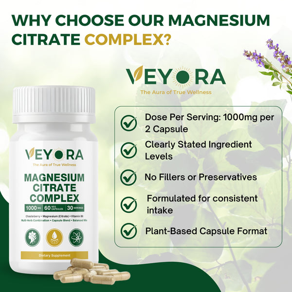 VEYORA Magnesium Citrate Complex 1000mg | Chasteberry + Vitamin B6 | 60 Vegan Capsules