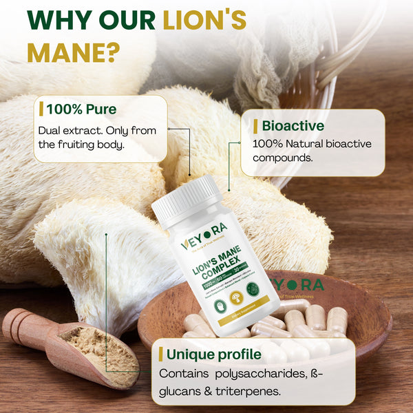 VEYORA Lion's Mane Complex 1000mg | Bacopa + Citicoline | 60 Vegan Capsules