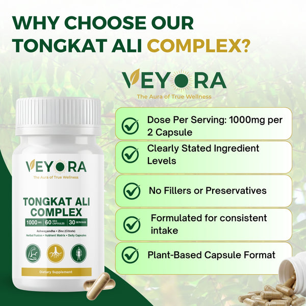 VEYORA Tongkat Ali Complex 1000mg | Tongkat Ali + Ashwagandha + Zinc | 60 Vegan Capsules