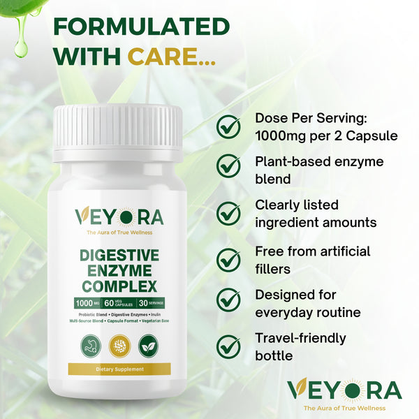 VEYORA Digestive Enzyme Complex 1000mg | Probiotic + Inulin Fiber | 60 Vegan Capsules