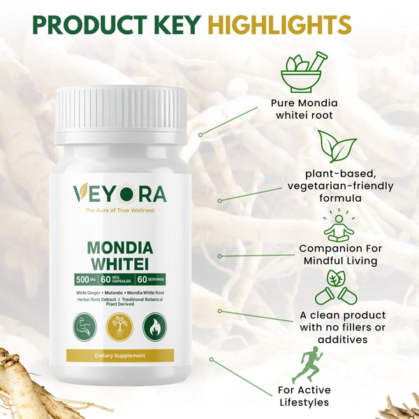 VEYORA Mondia Whitei 500 mg | 60 Vegan Capsules | Pure White Ginger Root Extract | Herbal Plant-Based Clean Label