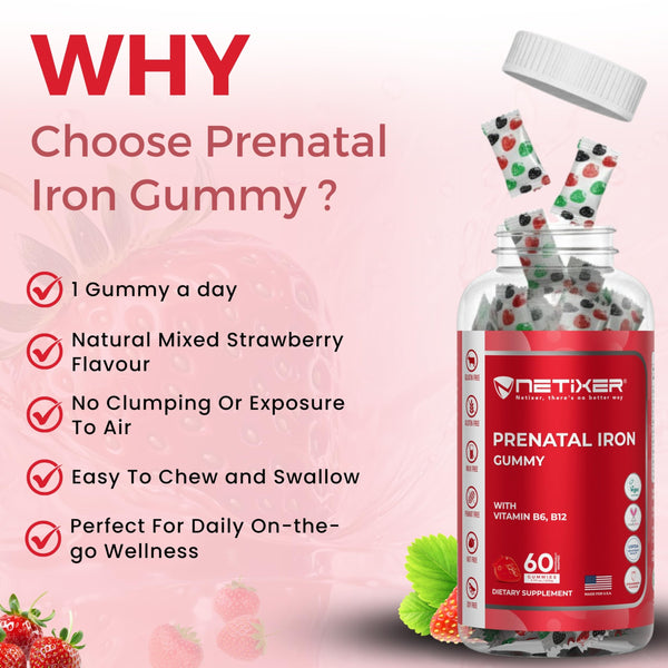 NETIXER Prenatal Iron Gummies – 60 Vegan Gummies | Iron 30 mg, Folic Acid 400 mcg, Vitamin B6 & B12 | Pregnancy Vitamins for Women | Gelatin-Free, Gluten-Free | Individually Wrapped, Strawberry Flavor