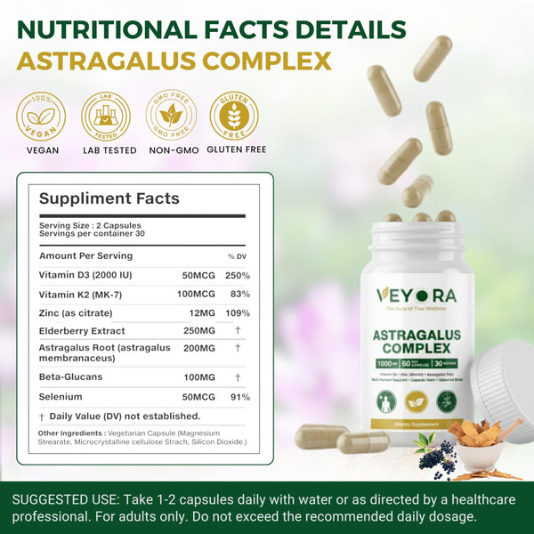 VEYORA Astragalus Complex 1000 mg | Astragalus Root, Elderberry & Beta-Glucans | with Vitamin D3, K2, Zinc & Selenium | 60 Vegan Capsules | Made for USA