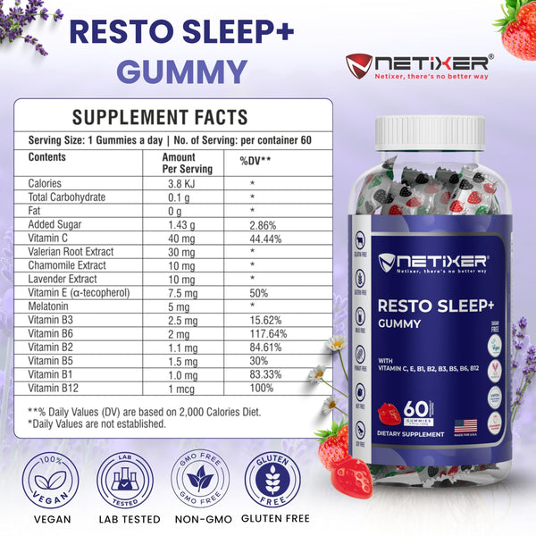 nETiXER Resto Sleep+ Gummies – Melatonin 5mg, Valerian Root 30mg, Chamomile, Lavender | with Vitamin C, E, B1, B2, B3, B5, B6, B12 | 60 Vegan Gummies | Strawberry Flavor | Individually Wrapped