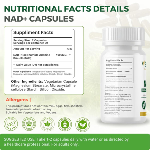 VEYORA NAD+ 1000 mg | 60 Vegan Capsules | Nicotinamide Adenine Dinucleotide (NAD+) | Dietary Supplement | Non-GMO | Gluten-Free | Made for USA