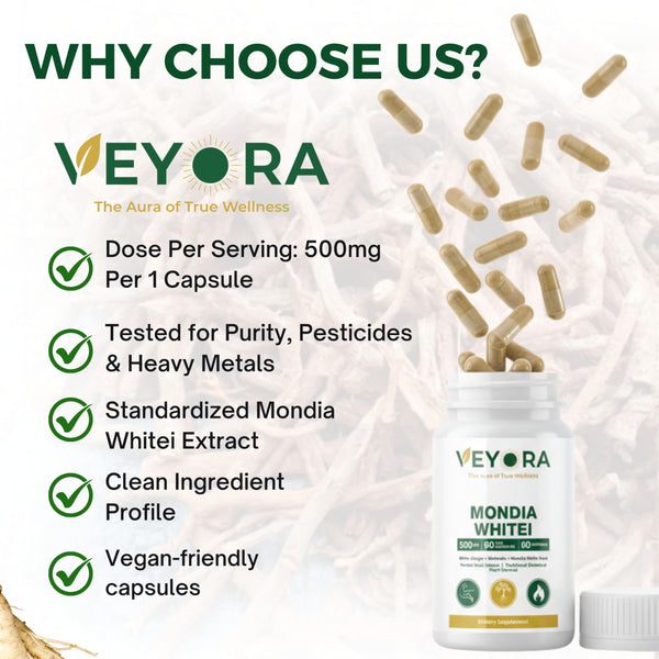 VEYORA Mondia Whitei 500 mg | 60 Vegan Capsules | Pure White Ginger Root Extract | Herbal Plant-Based Clean Label