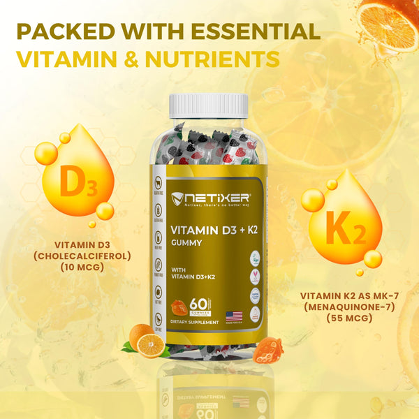 nETiXER Vitamin D3 K2 Gummies for Adults – 60 Vegan Orange Gummies | 400 IU (10 mcg) D3 + 55 mcg Vitamin K2 MK-7 | Individually Wrapped, Gelatin-Free, Gluten-Free, Non-GMO | Halal Certified