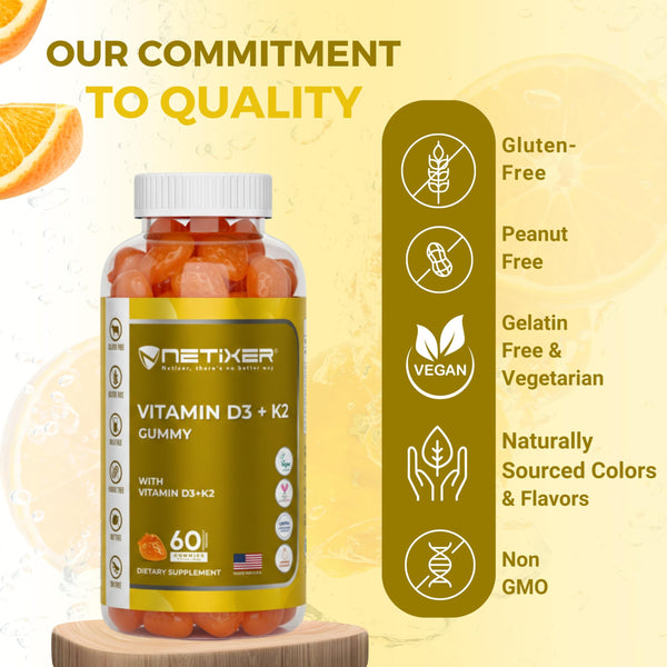 nETiXER Vitamin D3 K2 Gummies for Adults – 60 Vegan Orange Gummies | 400 IU (10 mcg) D3 + 55 mcg Vitamin K2 MK-7 | Individually Wrapped, Gelatin-Free, Gluten-Free, Non-GMO | Halal Certified